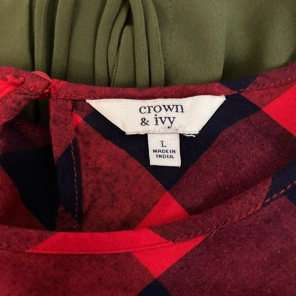 Crown & Ivy Shirt Womens Sz L Red Navy Blue Buffalo‎ Plaid Long Sleeve Ruffle